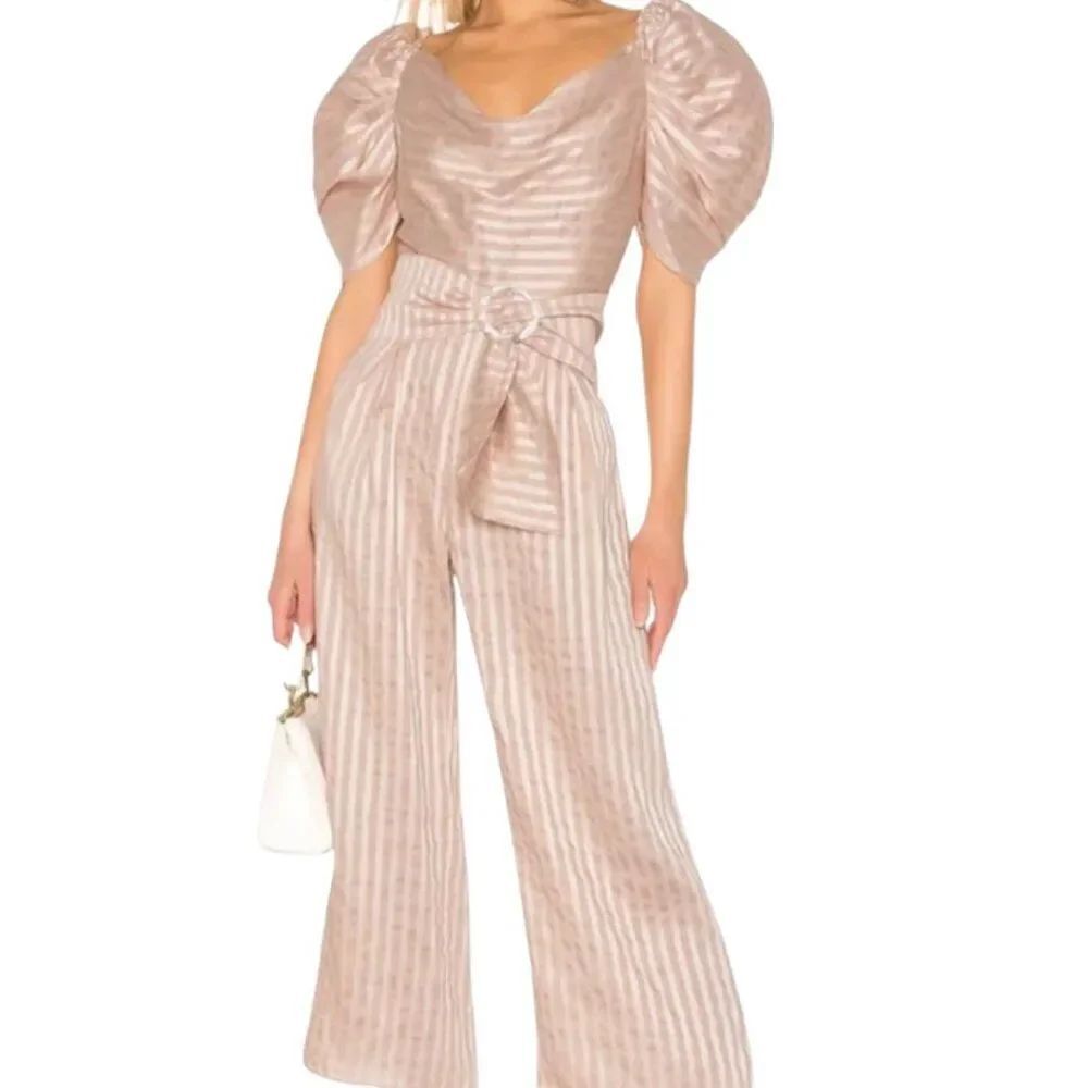 C/meo Collective Through You Belted Puff Sleeve Wide Leg Stripe Jumpsuit 4 NWT